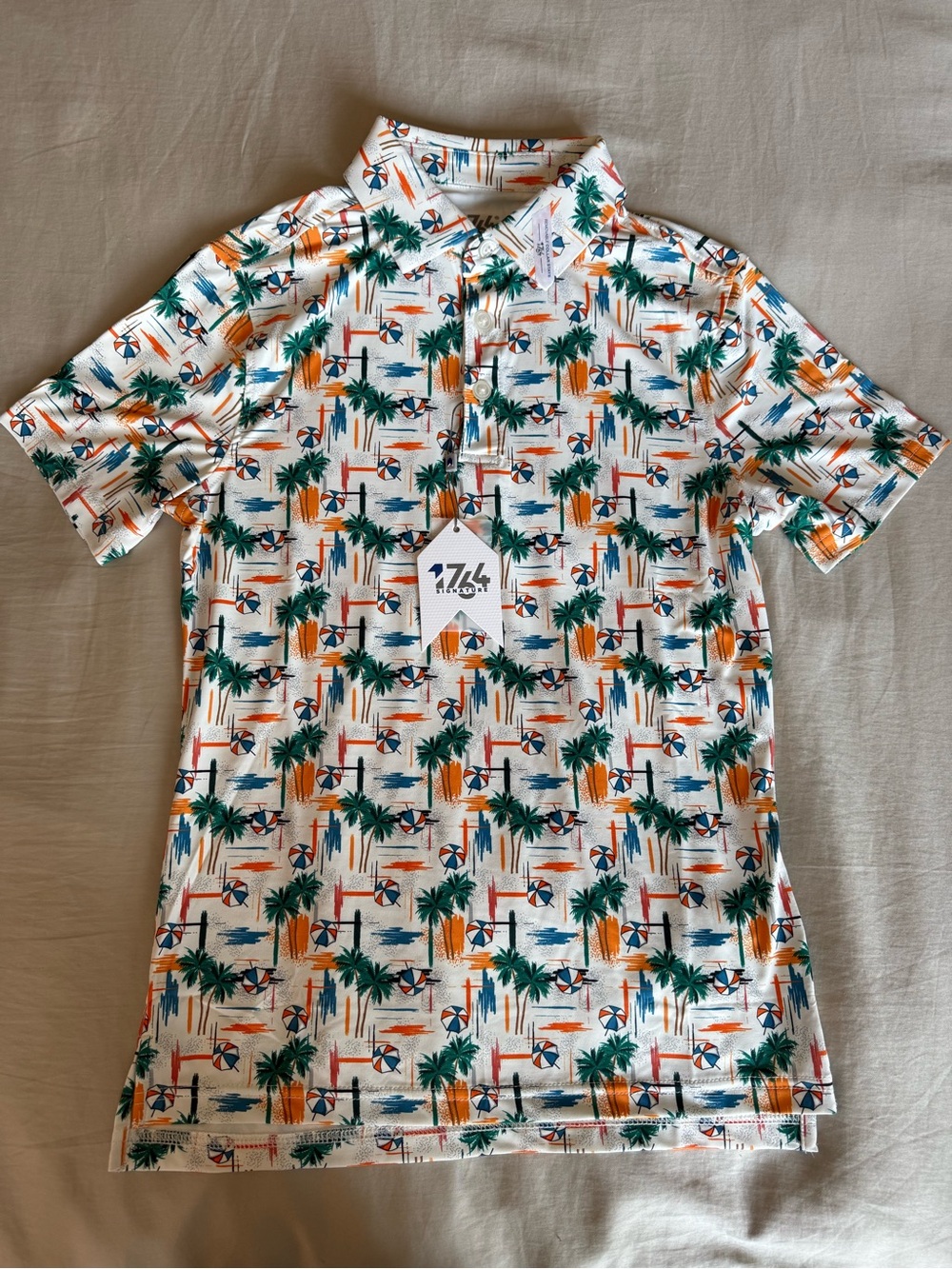 Boys' White Tropical Palm Print Polo with Green & Orange Accents